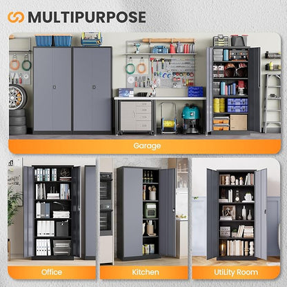 Metal Garage Storage Cabinets with Lock, 72" Tall Tool Cabinet with 2 Door and 4 Adjustable Shelves, Locking Garage Cabinets and Lockable Steel Locker for Home Office Warehouse-(Black Gray-72”H)