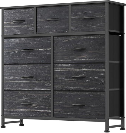DUMOS 9 Drawer Dresser for Bedroom, Storage Organizer Chest of Drawers | Fabric Bins Storage Tower with Sturdy Metal Frame, Wood Tabletop for Closet, Black Wood