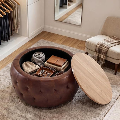 Round Storage Ottoman Coffee Table with Wooden Tabletop, 25 Inches Leather Ottoman for Living Room, Bedroom, Apartments (Brown)