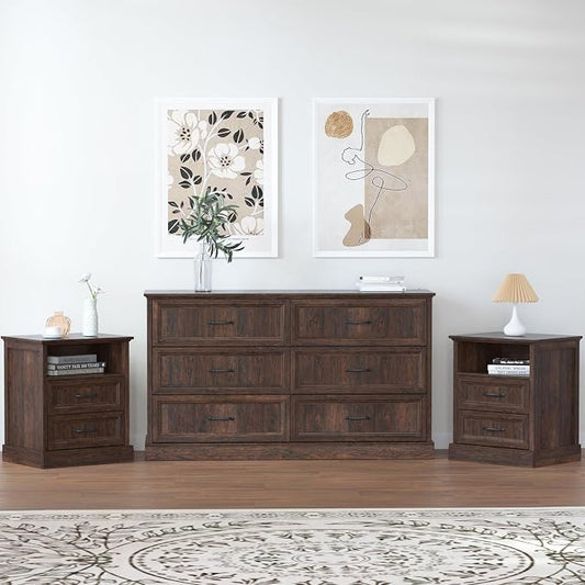 Tradare Farmhouse Dresser and Nightstand Sets 3 Piece, Nightstands Set of 2 & 6 Drawers Dresser for Bedroom, 55" Wide and 24" Inch Night Stand Set for Bedroom, Living Room, Hallway, Brown