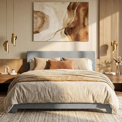 SHA CERLIN Linen Upholstered Full Size Bed Frame with Headboard, Light Gray | Adjustable Low-Profile Platform Bed, Minimalist Design, Stable Mattress Foundation, Strong Back-Support, No Box Spring Needed