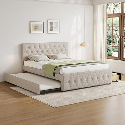 Ball & Cast Queen Bed Frame with Adjustable Headboard,Upholstered Platform Bed Frame Queen Size with 2 Wood Storage Drawers & Pull‑Out Trundle Bed,Wooden Slats Support,No Box Spring Needed,Taupe