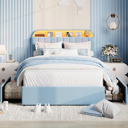 Garvee Full Size Bed Frame with 2 Flexible Drawers, Upholstered Platform Bed Frame with Bookcase Headboard and LED Lights, Kids Bed for Boys, Easy Assembly, Noise Free, Blue