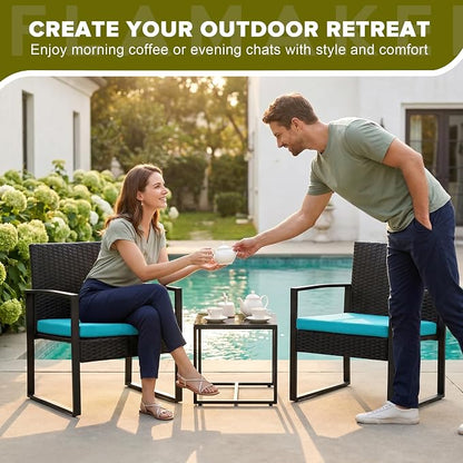 Flamaker Patio Set Outdoor Wicker Furniture, Modern Bistro Set with Rattan Chair and Coffee Table for Yard (Blue)
