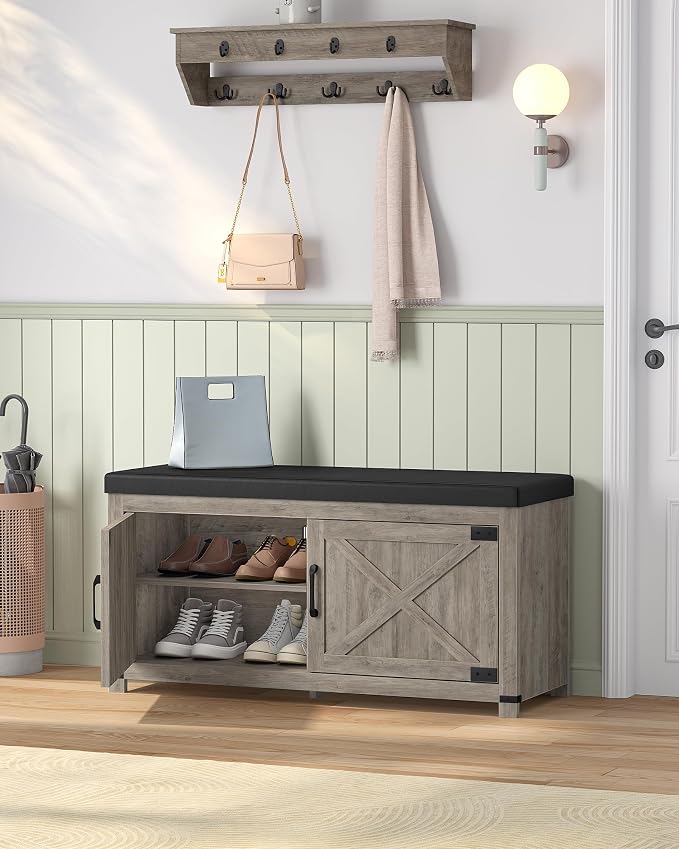 Hzuaneri Shoe Storage Bench, 2 Tier Shoe Bench with Padded Seat Cushion & 2 Barn Doors, Entryway Bench with Adjustable Shelf, Farmhouse Shoe Cabinet for Living Room, Bedroom, Greige SB26605BK