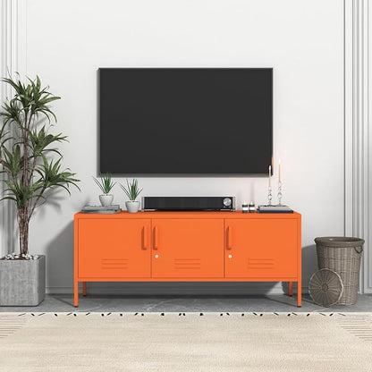 3 Door TV Standwith Storage Locke Metal TV Cabinet with 2-Tier Multi-Purpose Lockable Wide Storage Cabinet, Media Console Table with Metal Legs for Living Room, Bedroom,Office,Orange
