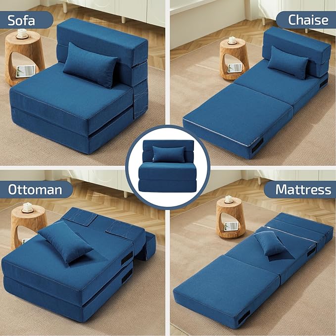 SUYOLS Folding Sofa Bed with Pillow- Convertible Chair Floor Couch & Sleeping Mattress, Foldable Memory Foam Sleeper for Living Room/Dorm/Guest Room/Home Office/Apartment/Loft, Single28,Navy Blue