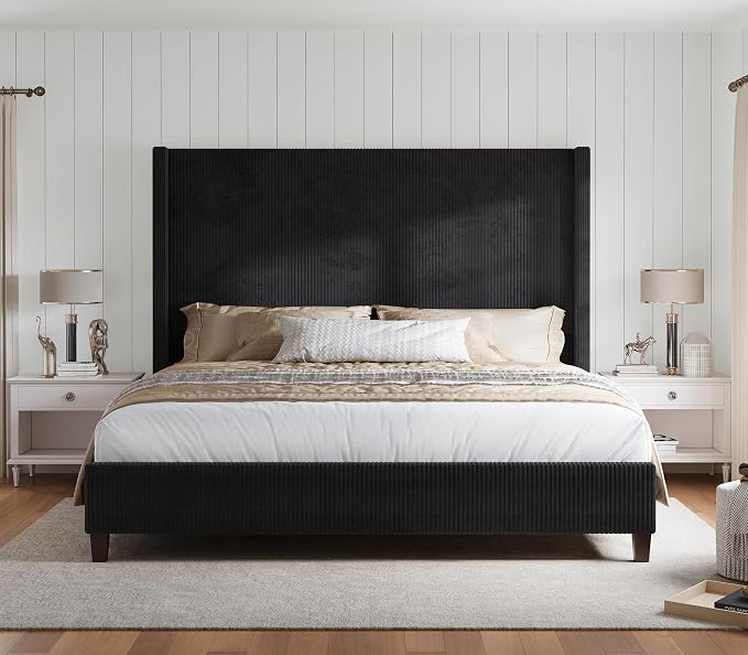 HOWE Queen Bed Frame with 61.4" Extra Tall Headboard, Corduroy Upholstered Bed with Vertical Wingback Headboard, No Box Spring Needed/Noise Free/Solid Wood Slats & Legs/Black