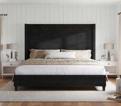HOWE Queen Bed Frame with 61.4" Extra Tall Headboard, Corduroy Upholstered Bed with Vertical Wingback Headboard, No Box Spring Needed/Noise Free/Solid Wood Slats & Legs/Black