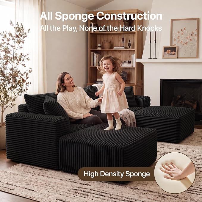 Claiks 94" Boneless Couch, Cloud Couch Sectional, U-Shape Corduroy Modular Sectional Sofa Deep Seat, Upholstered Couches for Living Room, No Assembly Required, Black