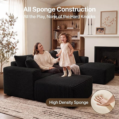 Claiks 94" Boneless Couch, Cloud Couch Sectional, U-Shape Corduroy Modular Sectional Sofa Deep Seat, Upholstered Couches for Living Room, No Assembly Required, Black