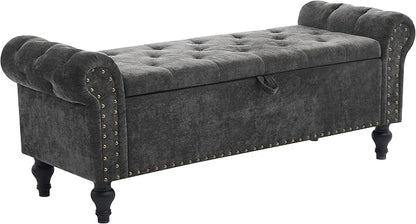 51" Storage Bench for Bedroom, Upholstered Ottoman Bench, Chenille DarkGray | End of Bed Bench for Bedroom, Window Benches for Living Room, Entryway, Ottoman with Large Storage Space, Pet Friendly