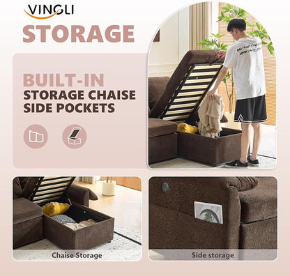 VINGLI Sectional Sleeper Sofa with Pull Out Couch Bed, 85 Inch L-Shaped Convertible Sofa Bed, 5 Seat Modular Sectional Couches for Living Room with Storage Chaise, USB Charging, Side Pockets