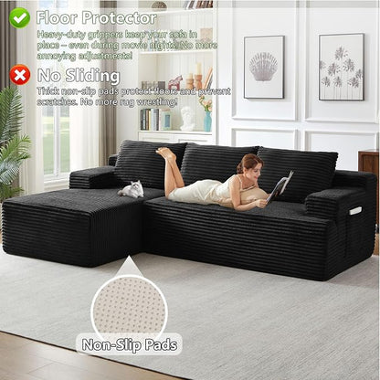 96" Modular Sectional Sofa, Modern Corduroy Cloud Couch with Side Pockets, Boneless Couch Upholstered 3-Seater L-Shaped Sofa for Living Room, No Assembly Required (Black, Left-Facing Chaise)