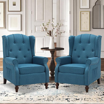 Wingback Recliner Chair with Massage and Heat Tufted Fabric Push Back Arm Chair, Recliner Chair for Living Room Bedroom Home Theater (2,Peacock Blue)