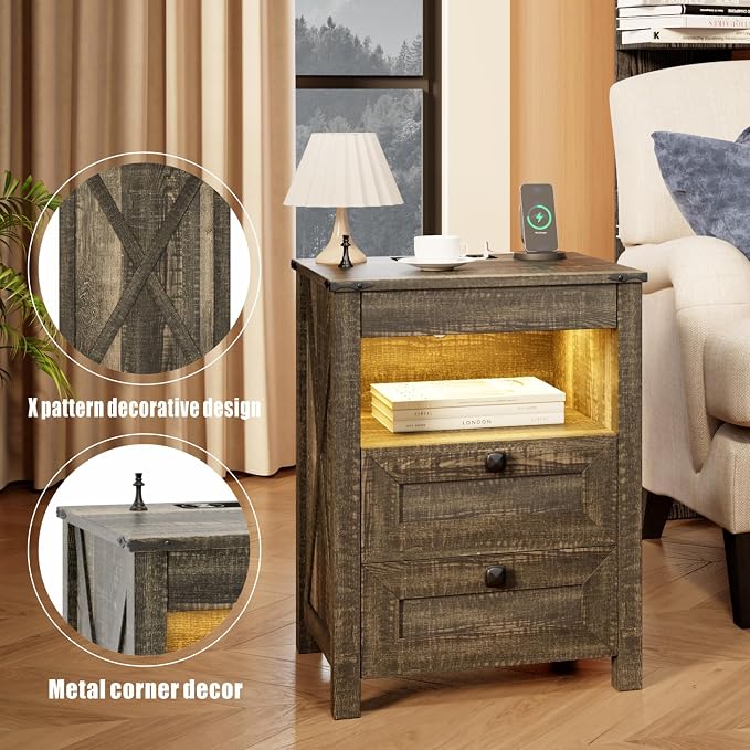 TAGELIER Farmhouse Nightstand with Gun Drawer, Bedside Table with Charging Station, Gun Night Stand with LED Light & Human Sensor, Smart End Table for Bedroom, Rustic Brown
