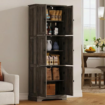 ChooChoo Tall Bathroom Storage Cabinet with 6 Doors, Freestanding Floor Cabinet with Adjustable Shelves, Rustic Weathered Gray Pantry Cabinet for Bathroom, Kitchen, Laundry Room