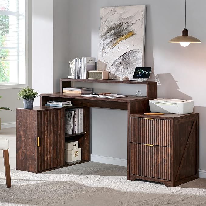 67" Modern Desk with Storage Cabinet & 2 Drawers, Built‑in Outlet | L Shaped Desk with Storage, Wood Home Office Desk, storage cabinet with sliding doors, Dark Walnut