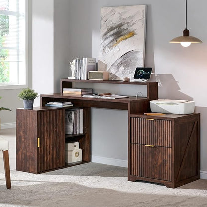67" Modern Desk with Storage Cabinet & 2 Drawers, Built‑in Outlet | L Shaped Desk with Storage, Wood Home Office Desk, storage cabinet with sliding doors, Dark Walnut
