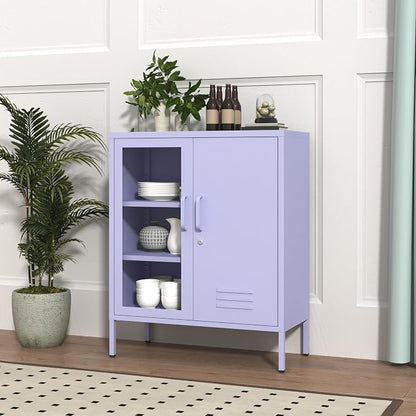 33" Tall Lockable Metal Storage Cabinet with Adjustable Shelves,2 Door Home Freestanding Locker Metal Pantry Cabinet for Living Room,Office,Dining Room,Purple Size: 33" H x 29.5" W x 13.8" D