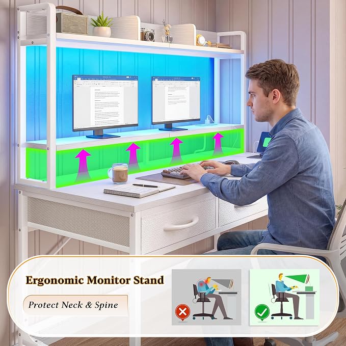 DurayLoly 39.4" Computer Desk with Monitor Stand, LED Lights & Power Outlet, Gaming Desk with Drawers, 4-Tier Storage Shelves for Home Office & Bedroom Small Space Office Desk, White