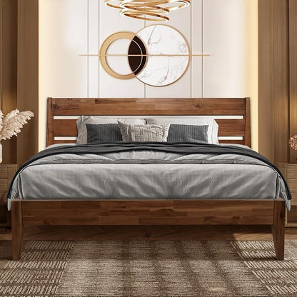 Acacia Emery Bed Frame with Headboard Solid Wood Platform Bed, Queen Size Bed Frame, Mid - Century Modern Wood Bed Compatible with All Mattresses, Easy Assembly, Non-Slip, Walnut
