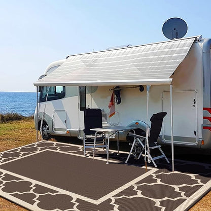GENIMO 10 ' x 14 ' Outdoor Rug Waterproof for Patio Decor, Foldable Reversible Plastic Straw Area Rugs Mat for Camper, Outside Carpet for Rv, Deck, Porch, Picnic, Beach, Balcony, Coffee & Beige