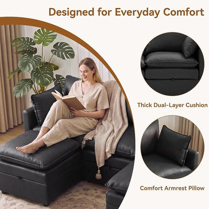 105" Black Faux Leather Storage 4 Seater Sofa with 2 Ottomans, Comfy Couch | Convertible Modular Sectional Sofa, U Shaped Oversized Couch, Upholstered Large Cloud Couch For Living Room, Apartment.