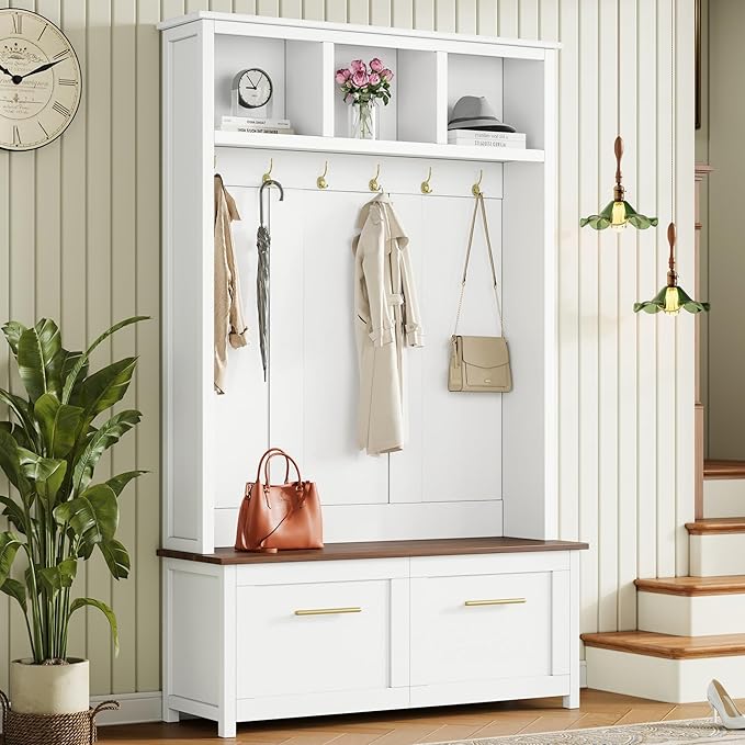 Merax Modern 4-in-1 Storage Hall Tree with Bench, Versatile Multiple Space with 6 Golden Hooks, 2 Drawers, Entryway Coat Rack for Living Room, Hallway, White