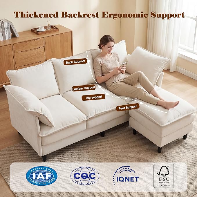3 Seater L-Shape Couch Sofa with Ottoman, 69" Small Couch Modern Comfy Cloud Chenille Sofa 23" Deep with Washable Pillow Cover Couches for Living Room Bedroom Apartment Office 69-Beige-L