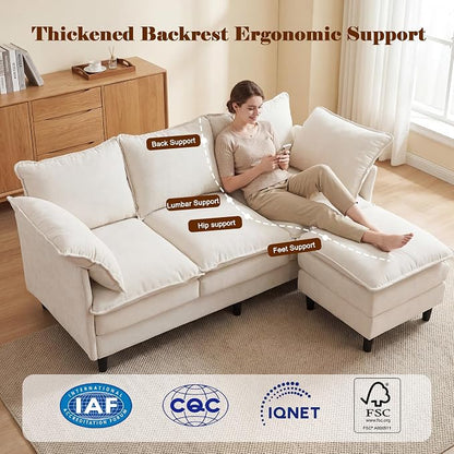 3 Seater L-Shape Couch Sofa with Ottoman, 69" Small Couch Modern Comfy Cloud Chenille Sofa 23" Deep with Washable Pillow Cover Couches for Living Room Bedroom Apartment Office 69-Beige-L