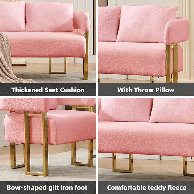 YISHENG Loveseat Sofa and 2 Accent Chairs Comfy Sofa Modern Accent Chairs for Living Room with Golden Legs Teddy Upholstered Reading Armchairs no Wheels for Reception Room//Bedroom/Lounge/Office,Pink
