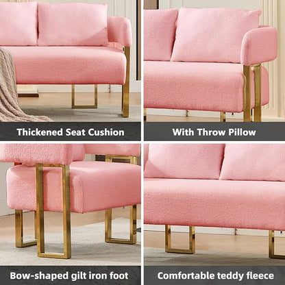 YISHENG Loveseat Sofa and 2 Accent Chairs Comfy Sofa Modern Accent Chairs for Living Room with Golden Legs Teddy Upholstered Reading Armchairs no Wheels for Reception Room//Bedroom/Lounge/Office,Pink