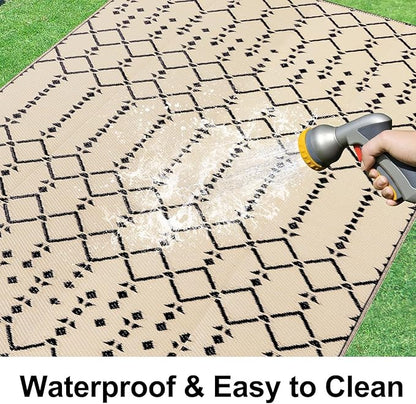 Smiry Outdoor Rug 8x10 ft, Waterproof Reversible Plastic Straw Rugs, Boho Outdoor Area Rug, Outside Floor Mat for Patio, Backyard, Deck, Picnic, Beach, Camping, Beige
