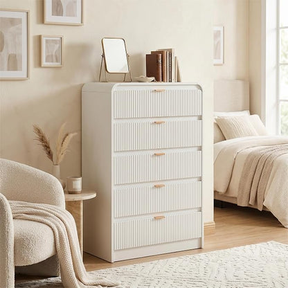 FURSUN Fluted 5 Drawers Dresser for Bedroom, 48" Tall Wooden Modern Dresser with Metal Handle, Curved Profile Design, Storage Organizer for Bedroom, Living Room, Hallway, White