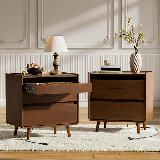Nightstands Set of 2 with Leg Walnut Night Stand Set 2 Mid Century Modern Nightstands with Charger Station Wooden Bedside Table Set of 2 Night Stands for Bedrooms Set of 2