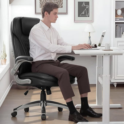 COLAMY High Back Executive Office Chairs, Ergonomic PU Leather Desk Chairs with Flip-Up Armrests, Adjustable Height, Lumbar Support, Comfortable Computer Chairs for Home Office, Set of 2