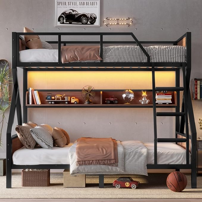 KEIKI Twin Over Full Bunk Bed, Heavy Duty Metal Bunkbed with Storage Shelves, Lights, Bottom Space & Guardrail for Aldults Dorm Bedroom Guest Room, No Box Spring Needed, Noise-Free Design