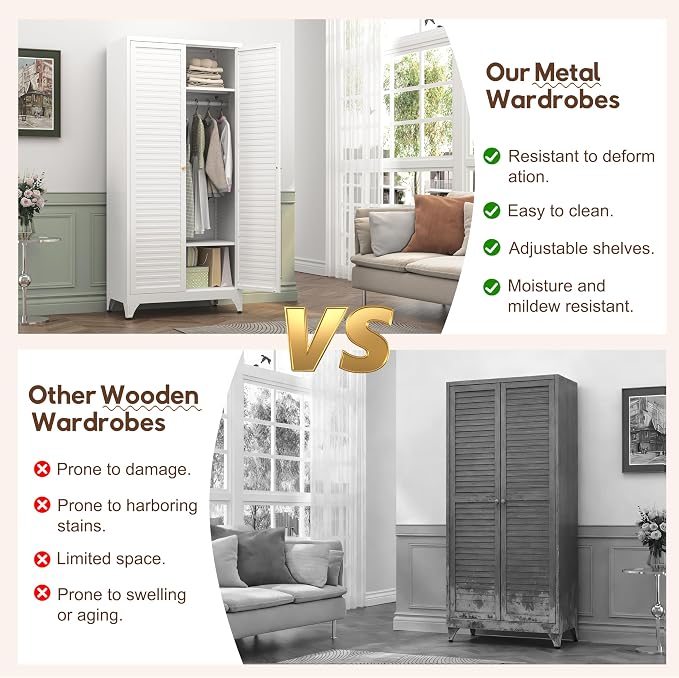 UNICOLY Metal Wardrobe Closet, 71'' Wardrobe Cabinet with Hanging Rod, Armoire Wardrobe Closet with 2 Louver Doors, Adjustable Shelves, for Bedroom, Cloak Room, School, Gym, Government, White