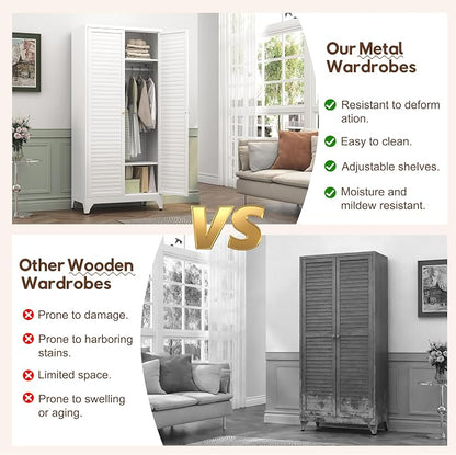 UNICOLY Metal Wardrobe Closet, 71'' Wardrobe Cabinet with Hanging Rod, Armoire Wardrobe Closet with 2 Louver Doors, Adjustable Shelves, for Bedroom, Cloak Room, School, Gym, Government, White