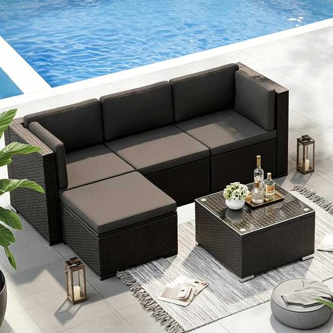 SUNCROWN 5-Piece Outdoor Patio Furniture Set, All-Weather PE Rattan Sectional Sofa with Ottoman, Glass Coffee Table & Cushions, Modular Wicker Conversation Set for Backyard, Garden, Porch, Dark Grey