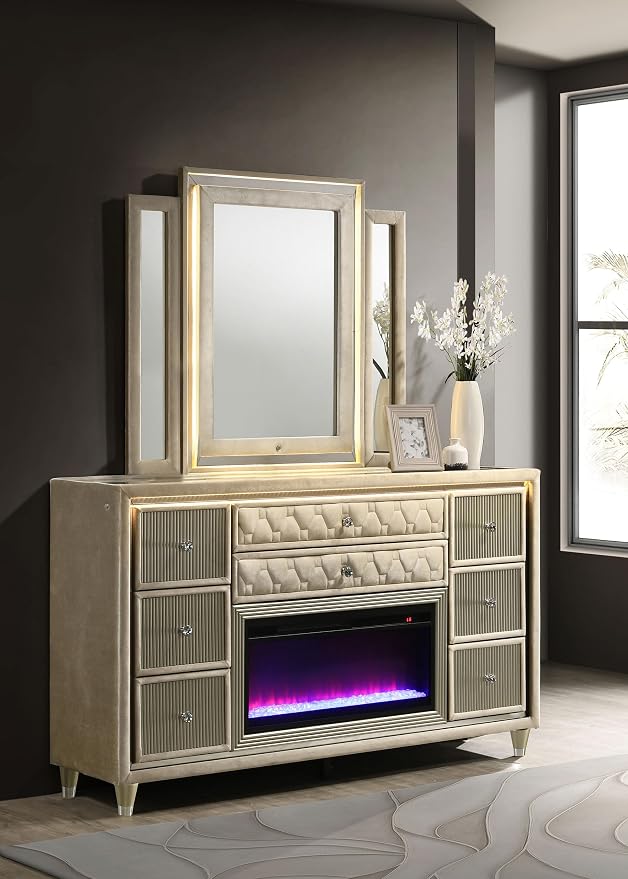 Coaster Home Furnishings - Lorient - Wood - 8-Drawer Dresser with Mirror, Flame Box, LED Lighting, Tri-Panel Mirror and Traditional Style - Bedroom - Ivory and Camel - 222663FBM