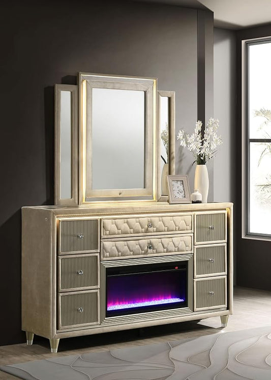 Coaster Home Furnishings - Lorient - Wood - 8-Drawer Dresser with Mirror, Flame Box, LED Lighting, Tri-Panel Mirror and Traditional Style - Bedroom - Ivory and Camel - 222663FBM