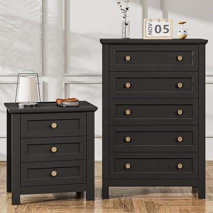 Farmhouse Dresser Nightstand Sets, 2-Piece Bedroom Furniture Set for Home | 5 Drawer Dresser Closet & 3 Drawer Nightstand, Chest of Drawers for Bedroom, Living Room, Entryway, Black
