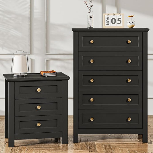 Farmhouse Dresser Nightstand Sets, 2-Piece Bedroom Furniture Set for Home | 5 Drawer Dresser Closet & 3 Drawer Nightstand, Chest of Drawers for Bedroom, Living Room, Entryway, Black