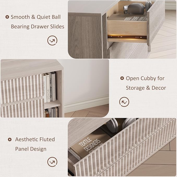 Whalefall 63 Inch Fluted 6 Drawers Dresser with Shelves, White Alder | Large Chest of Drawers for Bedroom, Mid Century Modern, Wood Closet Storage Organizer, Pedestal TV Stand for Living Room