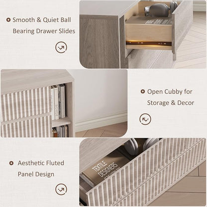 Whalefall 63 Inch Fluted 6 Drawers Dresser with Shelves, White Alder | Large Chest of Drawers for Bedroom, Mid Century Modern, Wood Closet Storage Organizer, Pedestal TV Stand for Living Room