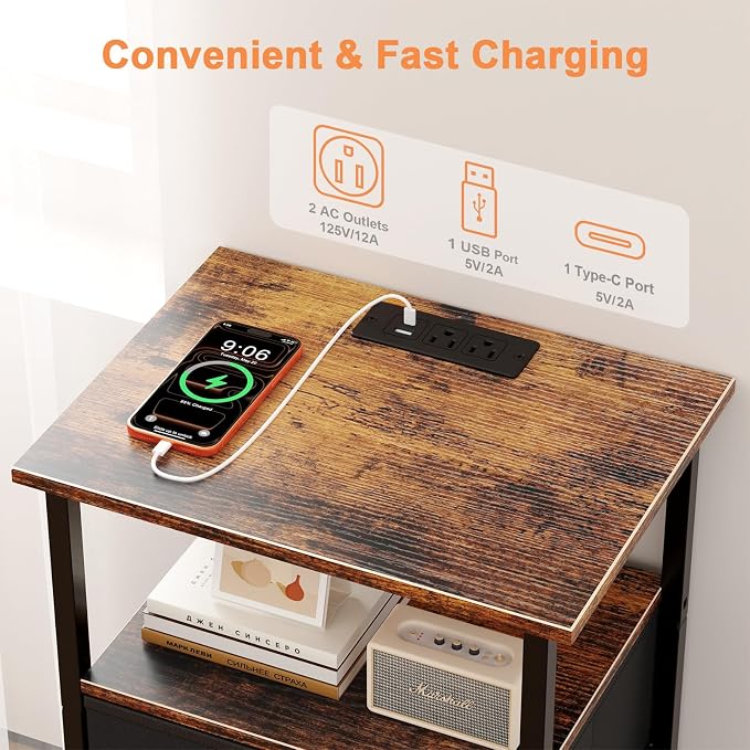 Nightstand with Charging Station, Bedside End Table with 2 Fabric Drawers for Bedroom, Side Table with USB Ports and Outlets (Brown Black)
