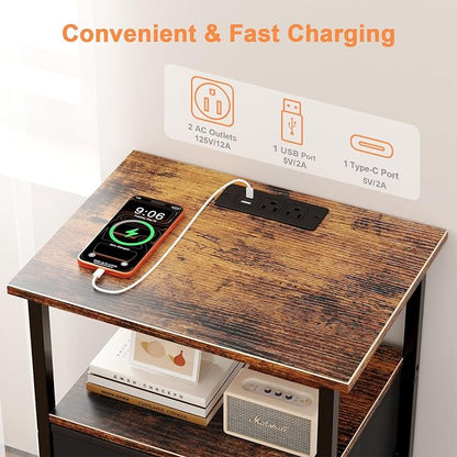 Nightstand with Charging Station, Bedside End Table with 2 Fabric Drawers for Bedroom, Side Table with USB Ports and Outlets (Brown Black)