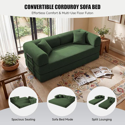 79" Convertible Sleeper Sofa Bed, Corduroy Boneless Fold-Out Couch in a Box, 4-in-1 Loveseat/Futon Couch, High-Density Foam, No Assembly, Side Pockets, 2 Pillows for Small Spaces, Dark Green